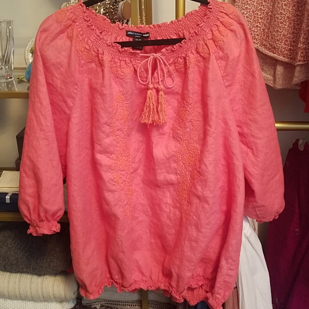 Saint Tropez West Embroidered Linen Peasant Blouse